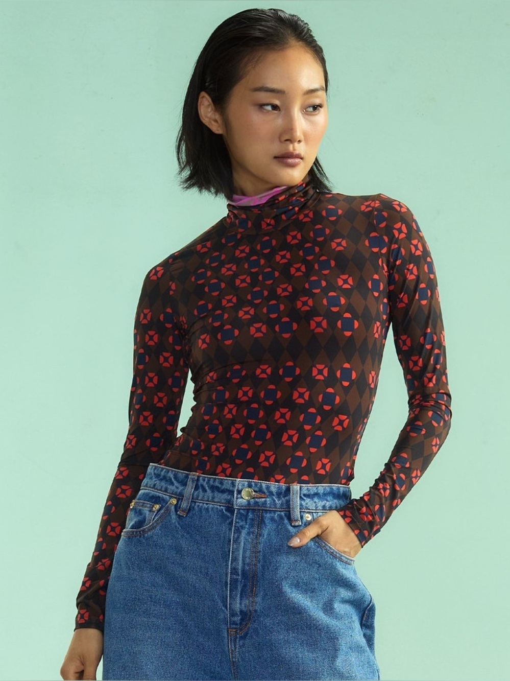 Cynthia Rowley Abstract Geometric Printed Base Layer Mock Turtleneck Top Large